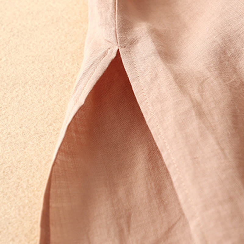 Buddha Stones Summer V-Neck Frog-Button Short Sleeve Cotton Linen Women's Midi Dress