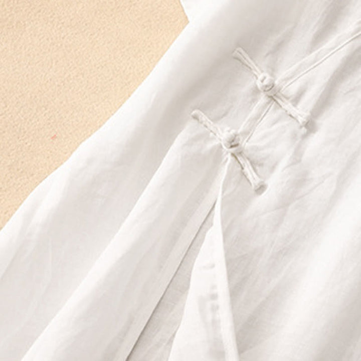 Buddha Stones Summer V-Neck Frog-Button Short Sleeve Cotton Linen Women's Midi Dress