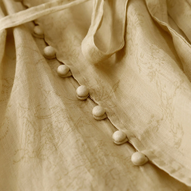 Buddha Stones Summer V-Neck Lace-up Short Sleeve Cotton Linen Women's Midi Dress With Pockets - image 7