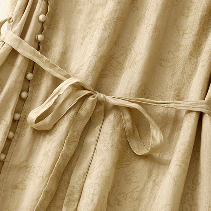 Buddha Stones Summer V-Neck Lace-up Short Sleeve Cotton Linen Women's Midi Dress With Pockets - image 5