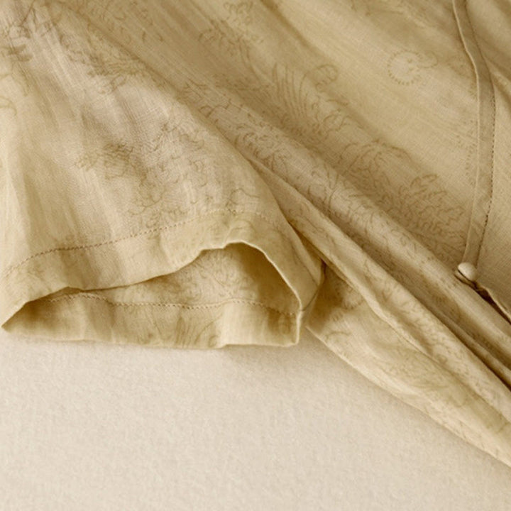 Buddha Stones Summer V-Neck Lace-up Short Sleeve Cotton Linen Women's Midi Dress With Pockets - image 4