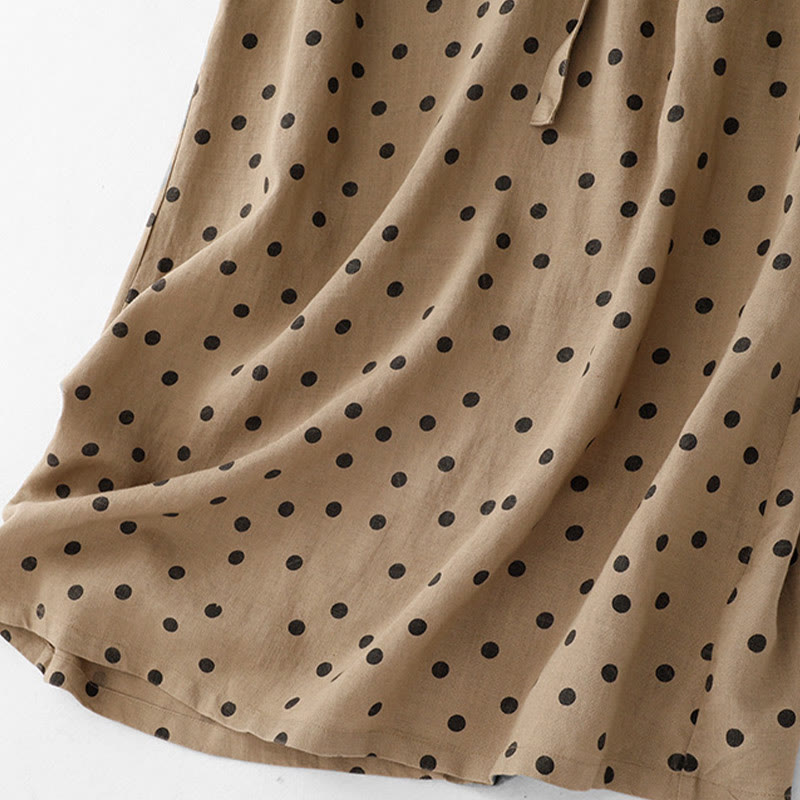 Buddha Stones Summer Polka Dot V-Neck Lace-up Cotton Linen Women's Midi Dress With Pockets - image 6