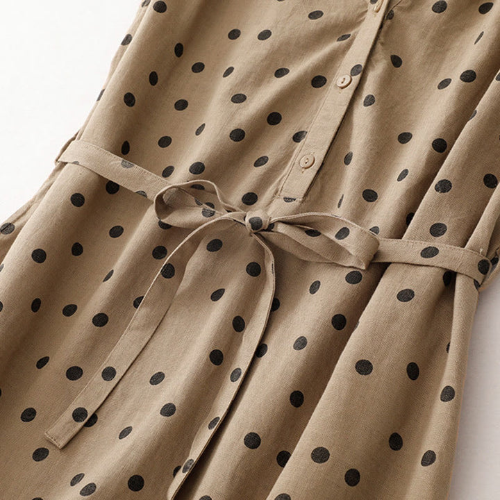 Buddha Stones Summer Polka Dot V-Neck Lace-up Cotton Linen Women's Midi Dress With Pockets - image 5