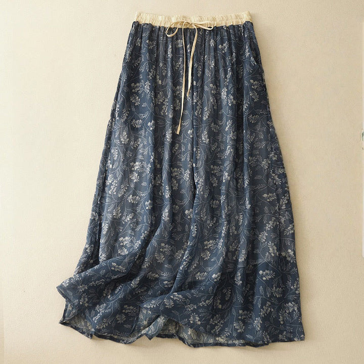 Buddha Stones Floral A-line Elastic Waist Cotton Linen Women's Skirt With Pockets - SteelBlue - US8-10，UK/AU12-14，EU40-42 (2XL) - image 11