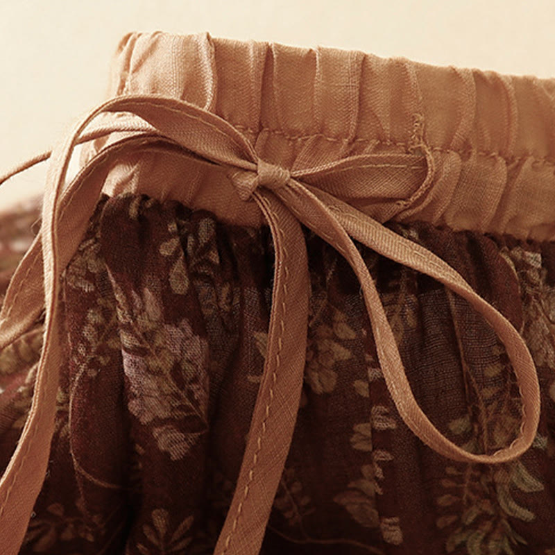 Buddha Stones Floral A-line Elastic Waist Cotton Linen Women's Skirt With Pockets - image 5