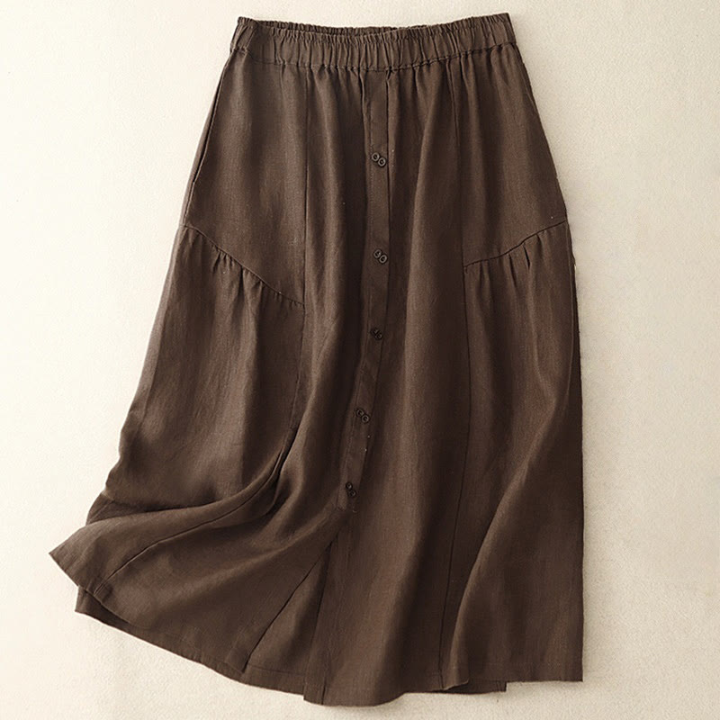 Buddha Stones A-line Buttons Slit Design Elastic Waist Cotton Women's Skirt With Pockets - Sienna - US12，UK/AU16，EU44 (2XL) - image 0