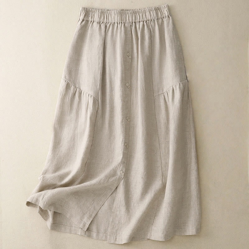 Buddha Stones A-line Buttons Slit Design Elastic Waist Cotton Women's Skirt With Pockets - Linen - US12，UK/AU16，EU44 (2XL) - image 11