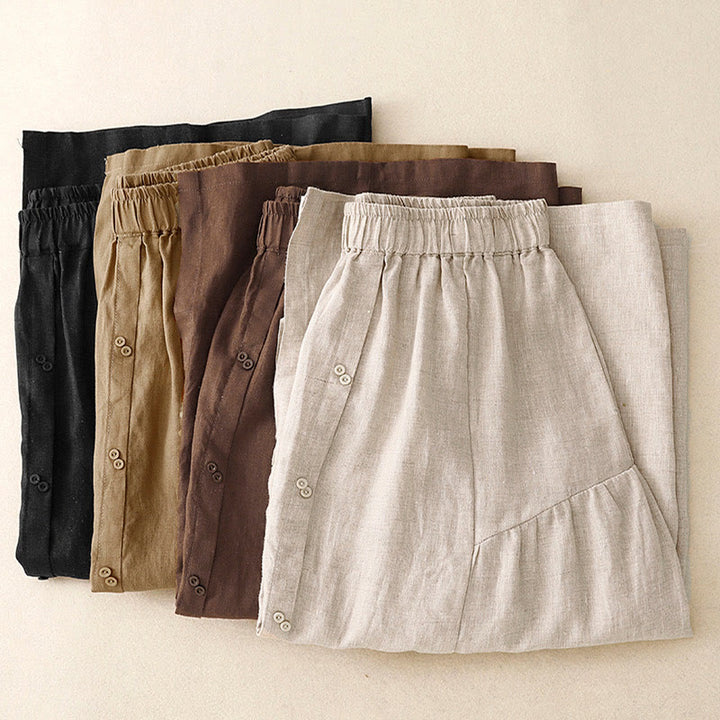 Buddha Stones A-line Buttons Slit Design Elastic Waist Cotton Women's Skirt With Pockets - image 17