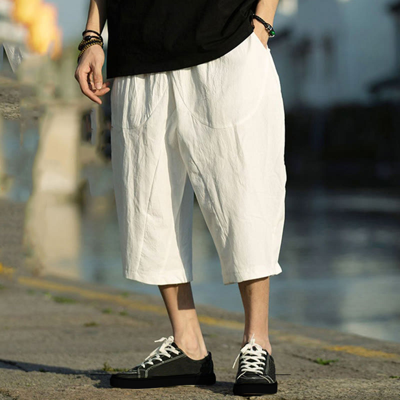 Buddha Stones Summer Plain Pleat Design Drawstring Men's 7-8 Length Cotton Linen Pants With Pockets - White - US/UK/AU46，EU56 (5XL) - image 25