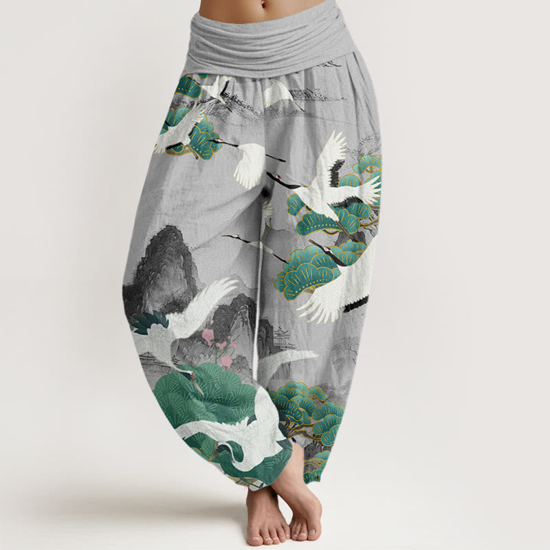 Buddha Stones Casual Cranes Green Pine Trees Landscape Pattern Women's Harem Pants - LightGrey - US22，UK/AU26，EU54 (6XL) - image 1