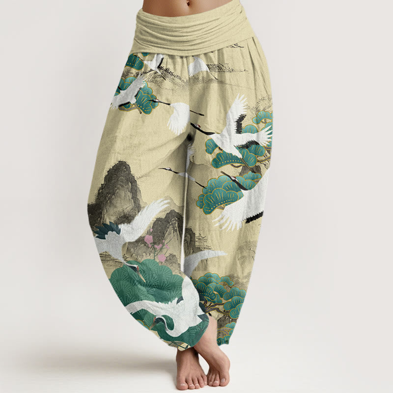 Buddha Stones Casual Cranes Green Pine Trees Landscape Pattern Women's Harem Pants - LemonChiffon - US22，UK/AU26，EU54 (6XL) - image 8