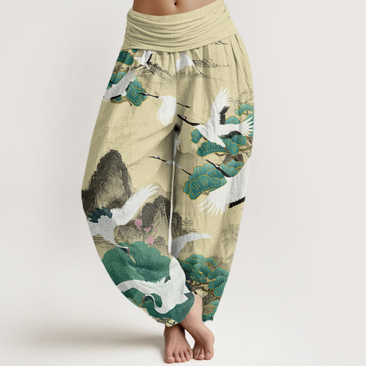 Buddha Stones Casual Cranes Green Pine Trees Landscape Pattern Women's Harem Pants - LemonChiffon - US22，UK/AU26，EU54 (6XL) - image 8
