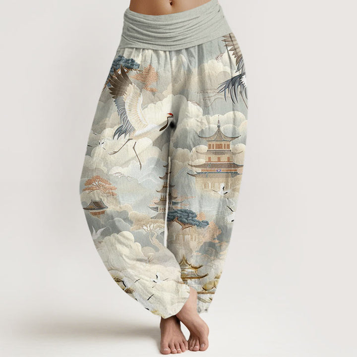 Buddha Stones Casual Cranes Clouds Pagodas Pattern Women's Harem Pants - DarkSeaGreen - US22，UK/AU26，EU54 (6XL) - image 0