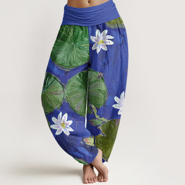 Buddha Stones Cotton Casual Green Lotus Leaves White Flowers Pattern Women's Harem Pants - SlateBlue - US22，UK/AU26，EU54 (6XL) - image 0