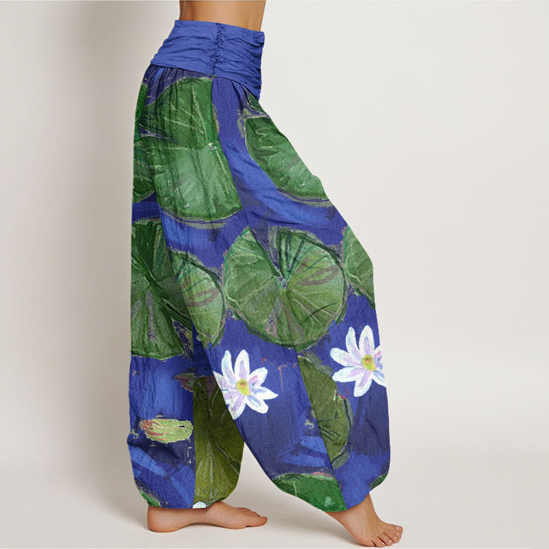 Buddha Stones Casual Green Lotus Leaves White Flowers Pattern Women's Harem Pants - image 2