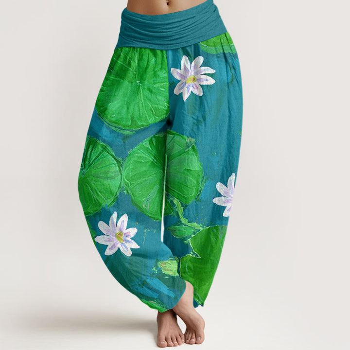 Buddha Stones Cotton Casual Green Lotus Leaves White Flowers Pattern Women's Harem Pants - LightSeaGreen - US22，UK/AU26，EU54 (6XL) - image 4