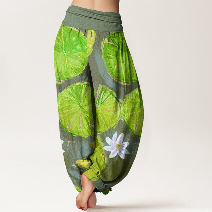 Buddha Stones Casual Green Lotus Leaves White Flowers Pattern Women's Harem Pants - image 9