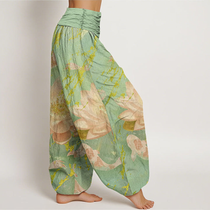 Buddha Stones Cotton Casual Lotus Flower Koi Fish Pattern Women's Harem Pants - image 6