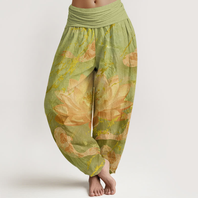 Buddha Stones Cotton Casual Lotus Flower Koi Fish Pattern Women's Harem Pants - GreenYellow - US22，UK/AU26，EU54 (6XL) - image 7