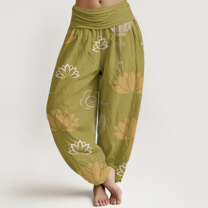 Buddha Stones Cotton Casual Lotus Flowers Lanterns Cloud Pattern Women's Harem Pants - Goldenrod - US22，UK/AU26，EU54 (6XL) - image 0