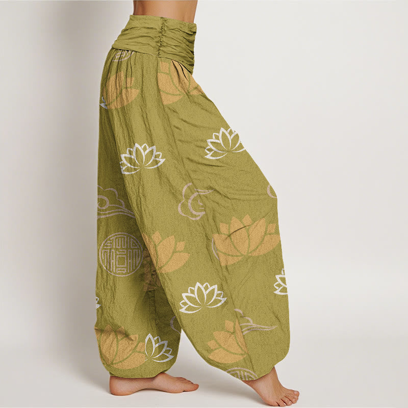 Buddha Stones Cotton Casual Lotus Flowers Lanterns Cloud Pattern Women's Harem Pants - image 2