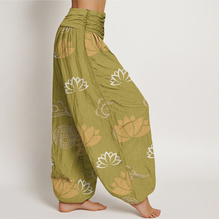 Buddha Stones Cotton Casual Lotus Flowers Lanterns Cloud Pattern Women's Harem Pants - image 2
