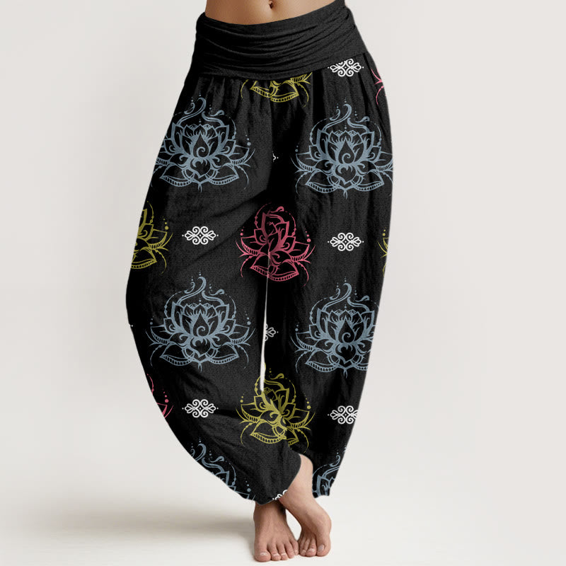 Buddha Stones Cotton Casual Various Colors Lotus Flowers Pattern Women's Harem Pants - Black - US22，UK/AU26，EU54 (6XL) - image 0