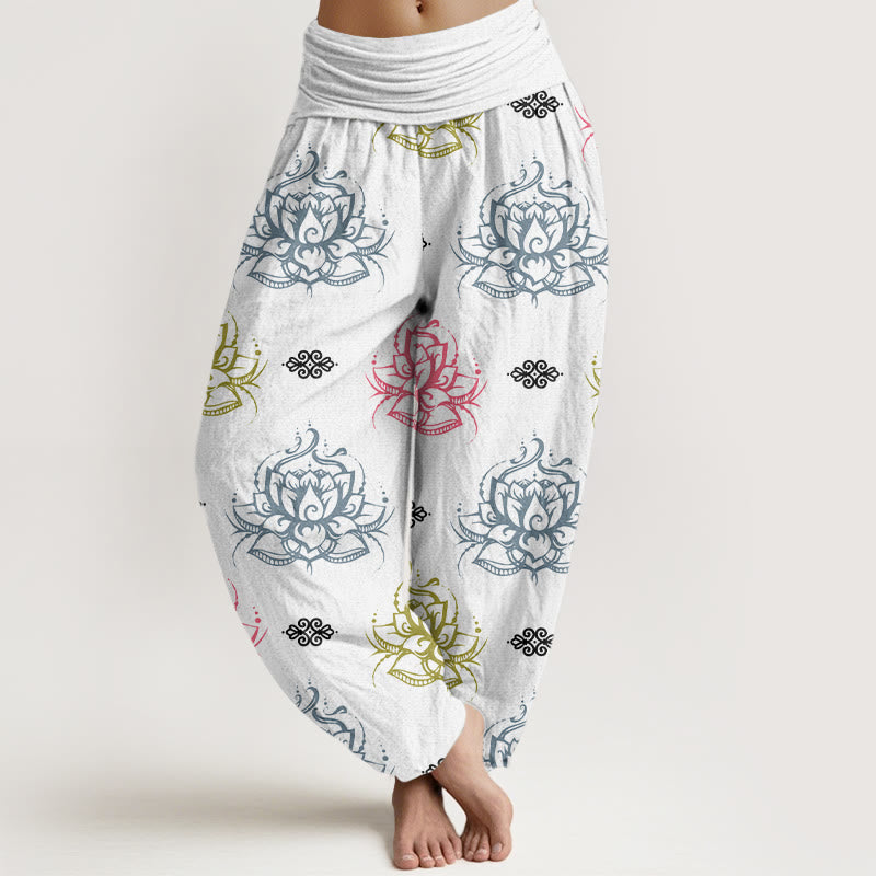 Buddha Stones Cotton Casual Various Colors Lotus Flowers Pattern Women's Harem Pants - White - US22，UK/AU26，EU54 (6XL) - image 7