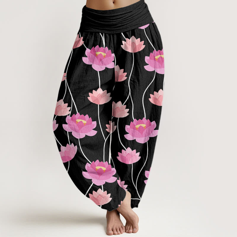 Buddha Stones Casual Lotus Flowers Pattern Women's Harem Pants - Black - US22，UK/AU26，EU54 (6XL) - image 8