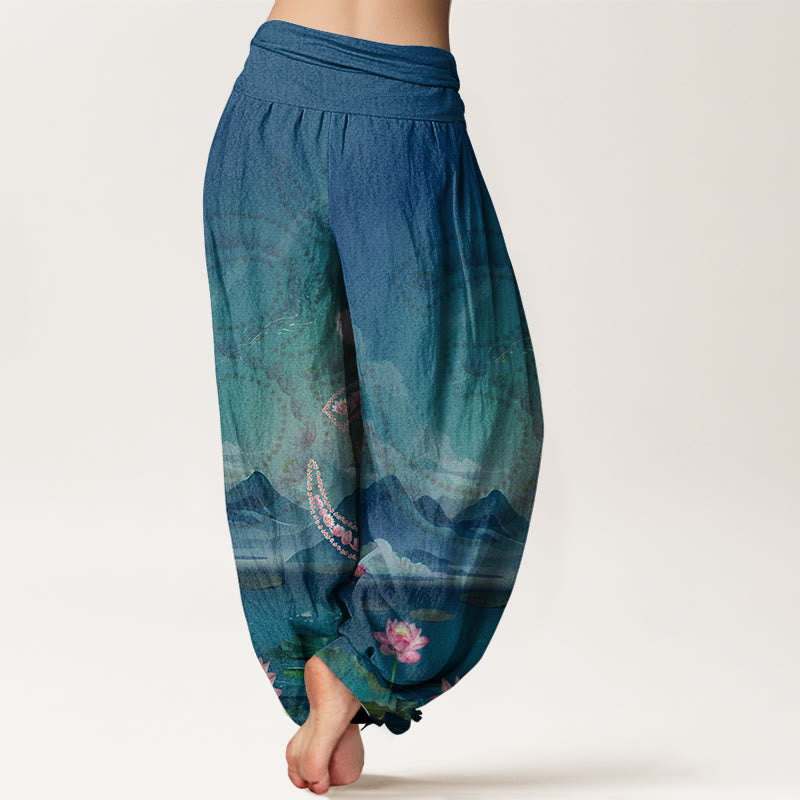 Buddha Stones Casual Lotus Flowers Om Symbol Mountains Lake Pattern Women's Harem Pants - image 2