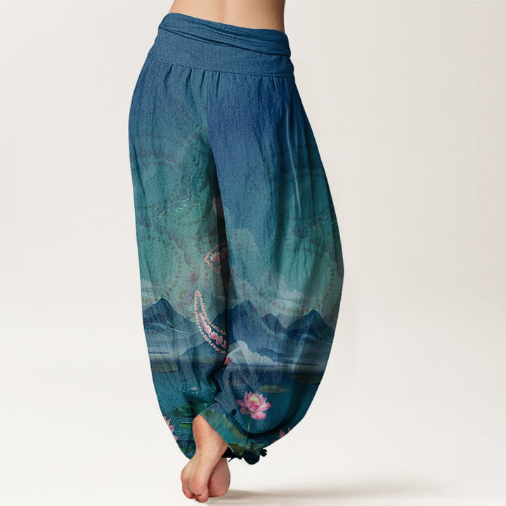 Buddha Stones Casual Lotus Flowers Om Symbol Mountains Lake Pattern Women's Harem Pants - image 2