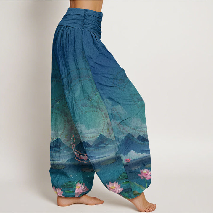 Buddha Stones Cotton Casual Lotus Flowers Om Symbol Mountains Lake Pattern Women's Harem Pants - image 2