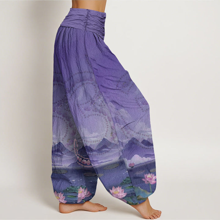 Buddha Stones Casual Lotus Flowers Om Symbol Mountains Lake Pattern Women's Harem Pants - image 9