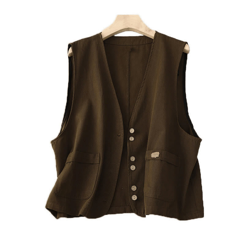 Buddha Stones Solid Color Front Buttons Sleeveless Women's Cotton Waistcoat With Pockets - image 13