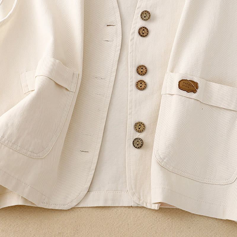 Buddha Stones Solid Color Front Buttons Sleeveless Women's Cotton Waistcoat With Pockets - image 16