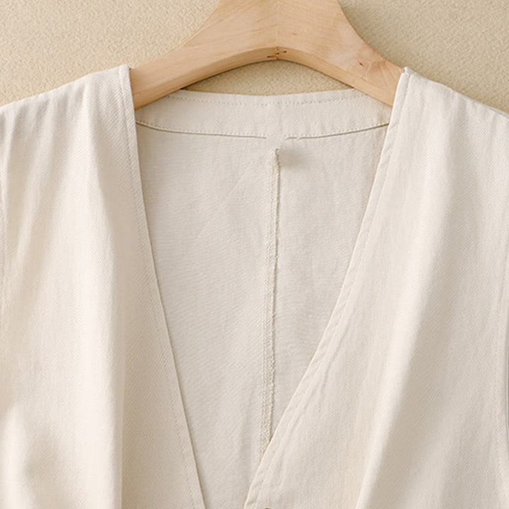 Buddha Stones Solid Color Front Buttons Sleeveless Women's Cotton Waistcoat With Pockets - image 15