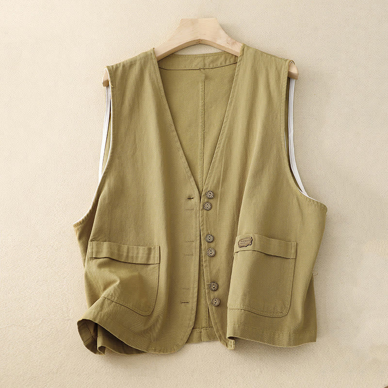 Buddha Stones Solid Color Front Buttons Sleeveless Women's Cotton Waistcoat With Pockets - Khaki - US8-10，UK/AU12-14，EU40-42 (2XL) - image 1
