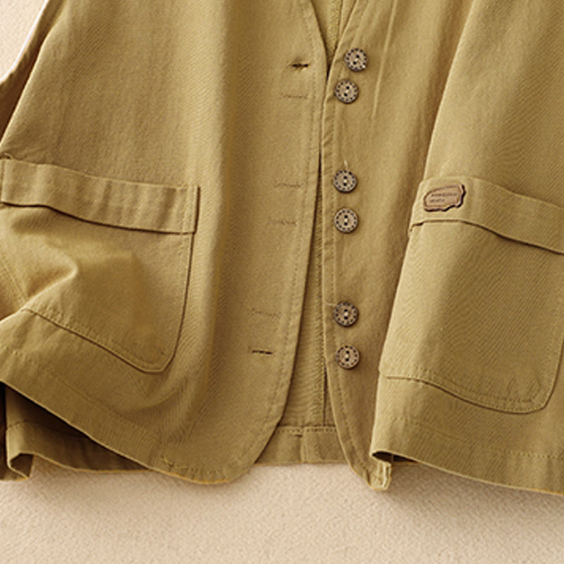 Buddha Stones Solid Color Front Buttons Sleeveless Women's Cotton Waistcoat With Pockets - image 8