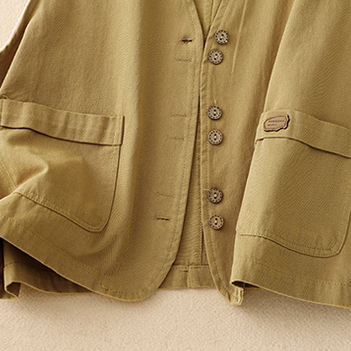 Buddha Stones Solid Color Front Buttons Sleeveless Women's Cotton Waistcoat With Pockets - image 8