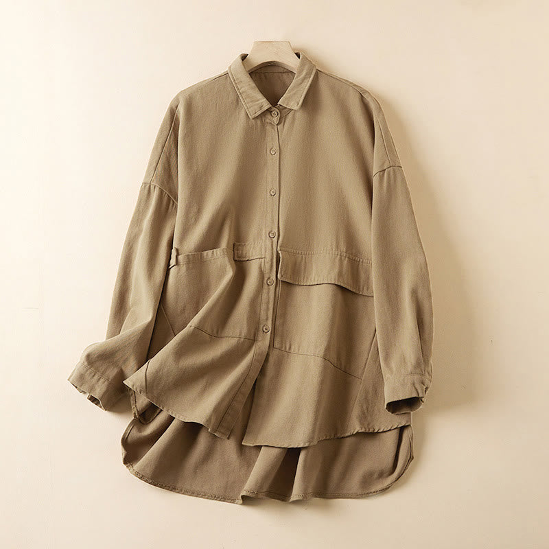 Buddha Stones Fall Irregular Design Long Sleeve Women's Cotton Linen Lapel Jacket With Pockets - Khaki - US14，UK/AU18，EU46 (2XL) - image 0