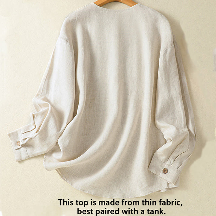 Buddha Stones Spring Plain Buttons Design V-Neck Long Sleeve Women's Cotton Linen Shirt - image 1