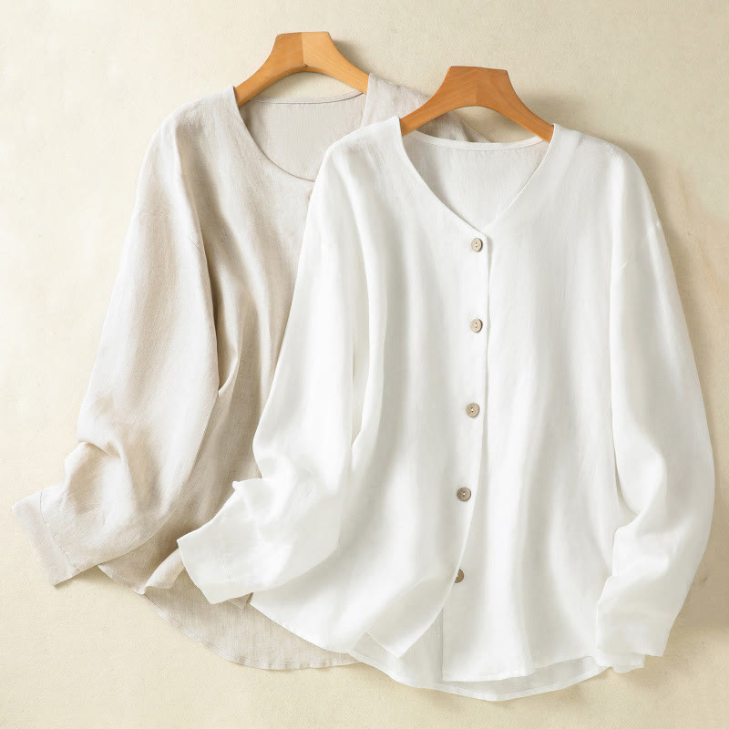 Buddha Stones Spring Plain Buttons Design V-Neck Long Sleeve Women's Cotton Linen Shirt - image 18