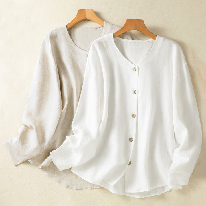 Buddha Stones Spring Plain Buttons Design V-Neck Long Sleeve Women's Cotton Linen Shirt - image 18