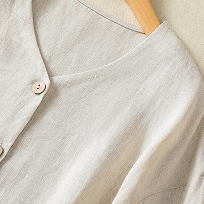 Buddha Stones Spring Plain Buttons Design V-Neck Long Sleeve Women's Shirt - image 3