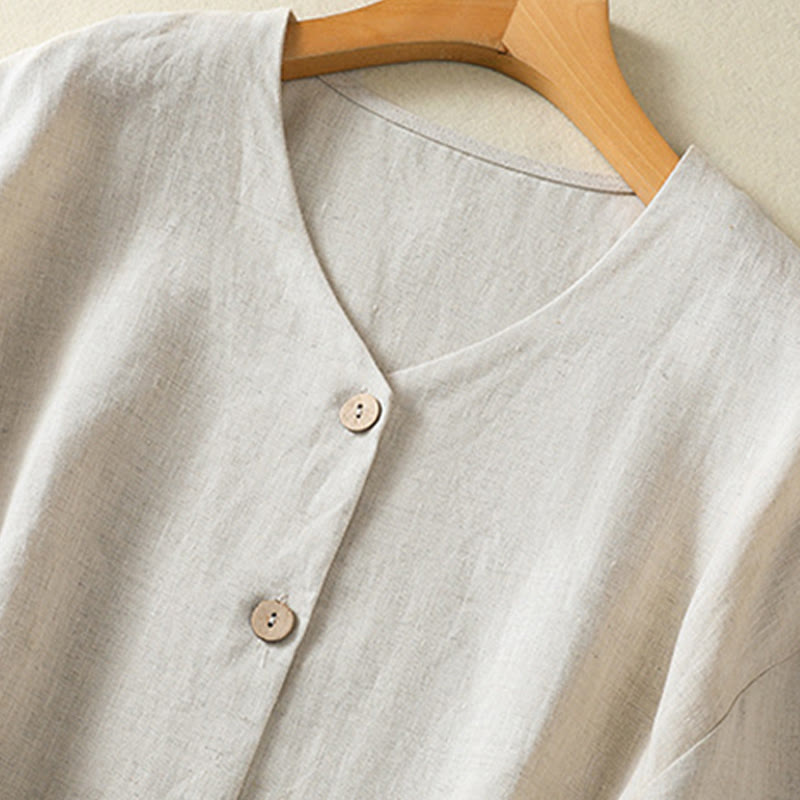Buddha Stones Spring Plain Buttons Design V-Neck Long Sleeve Women's Shirt - image 2
