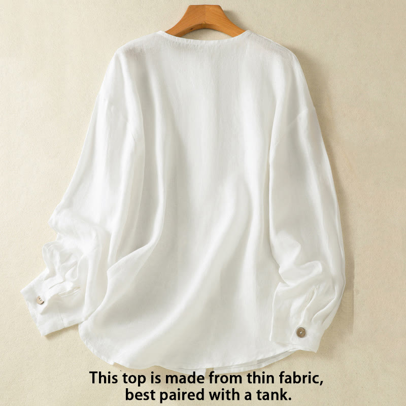 Buddha Stones Spring Plain Buttons Design V-Neck Long Sleeve Women's Cotton Linen Shirt - image 10