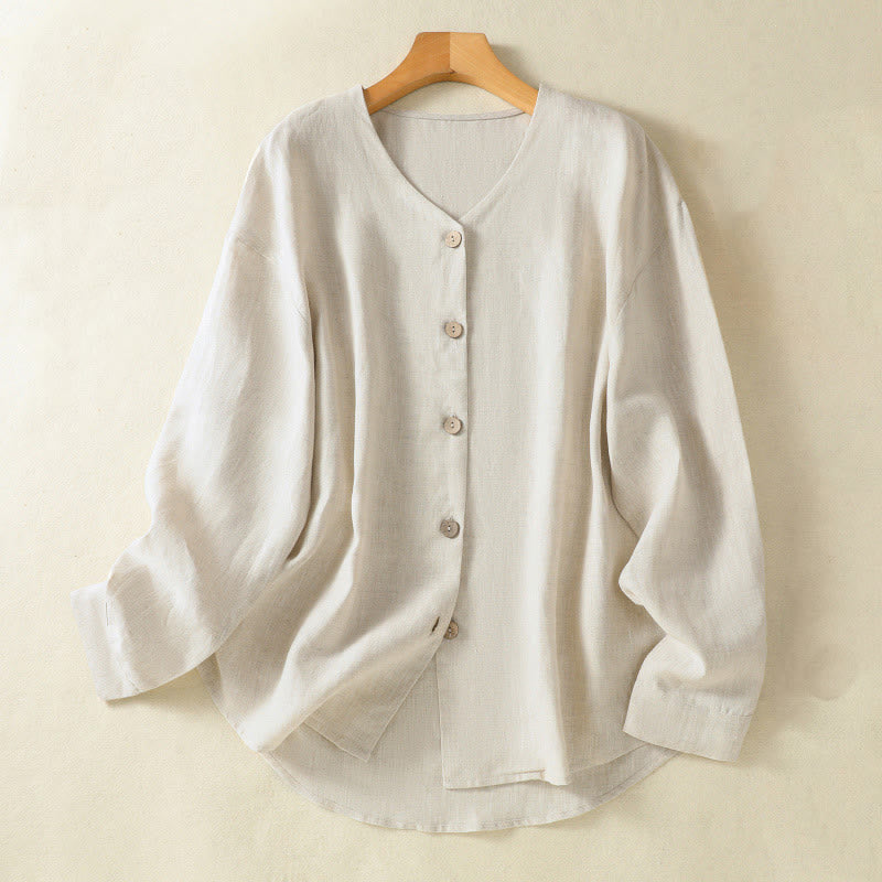 Buddha Stones Spring Plain Buttons Design V-Neck Long Sleeve Women's Cotton Linen Shirt - Linen - US14，UK/AU18，EU46 (2XL) - image 0