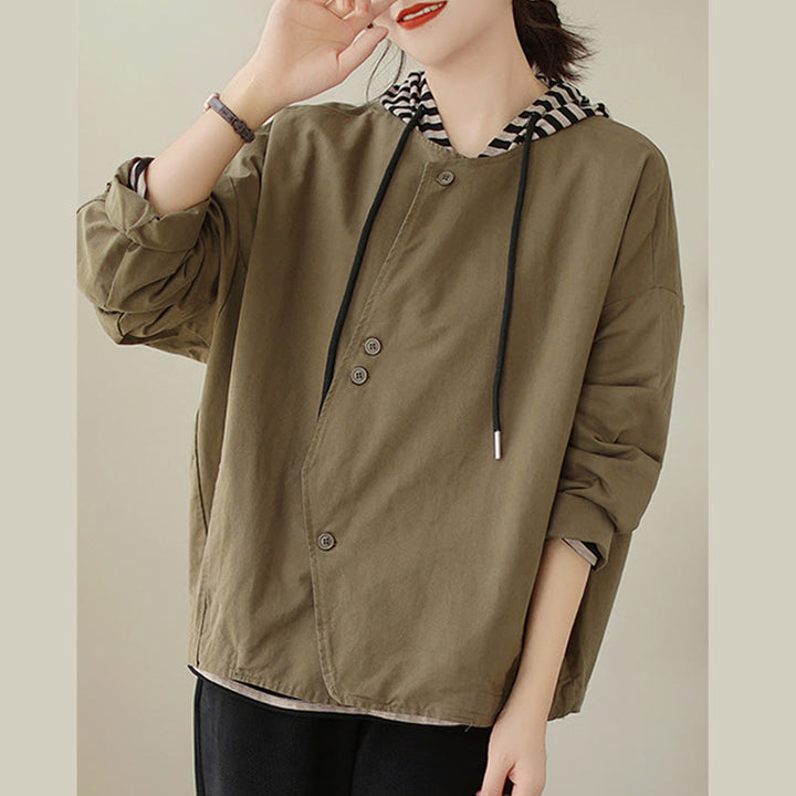 Buddha Stones Spring Plain Asymmetry Design Long Sleeve Women's Cotton Linen Jacket With Pockets - image 14