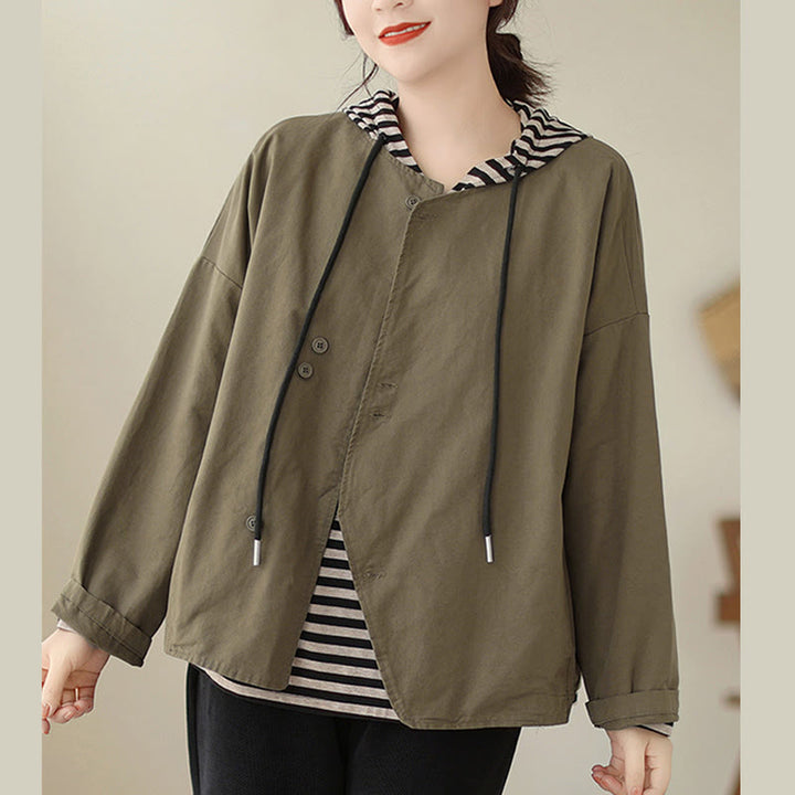 Buddha Stones Spring Plain Asymmetry Design Long Sleeve Women's Cotton Linen Jacket With Pockets - Olive - US12，UK/AU16，EU44 (2XL) - image 12