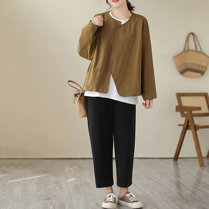 Buddha Stones Spring Plain Asymmetry Design Long Sleeve Women's Cotton Linen Jacket With Pockets - image 9